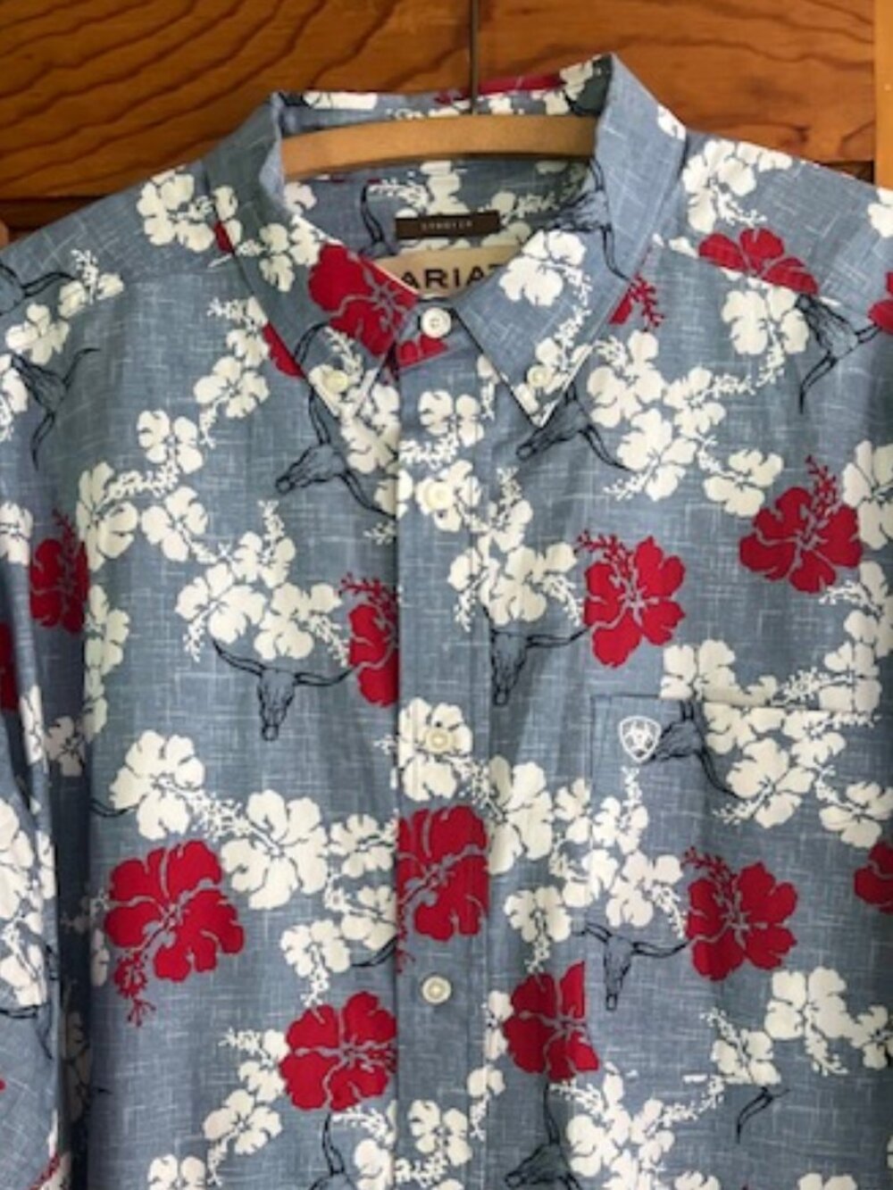 ARIAT WESTERN ALOHA BLUE & RED FLORAL LONG SLEEVE SHIRT MENS XL - Picture 3 of 13